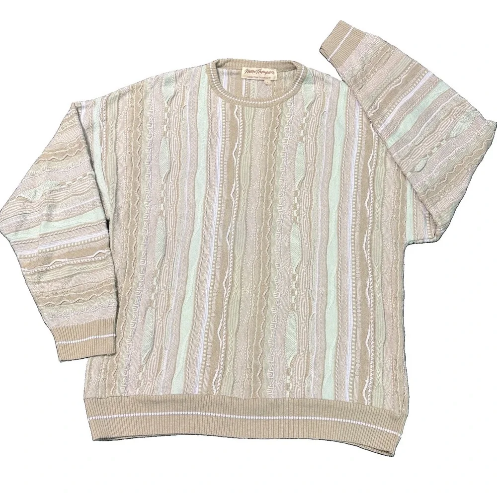 VTG Norm Thompson 3D Knit Sweater Large L Coogi Style Pastel Earth Tone 90s